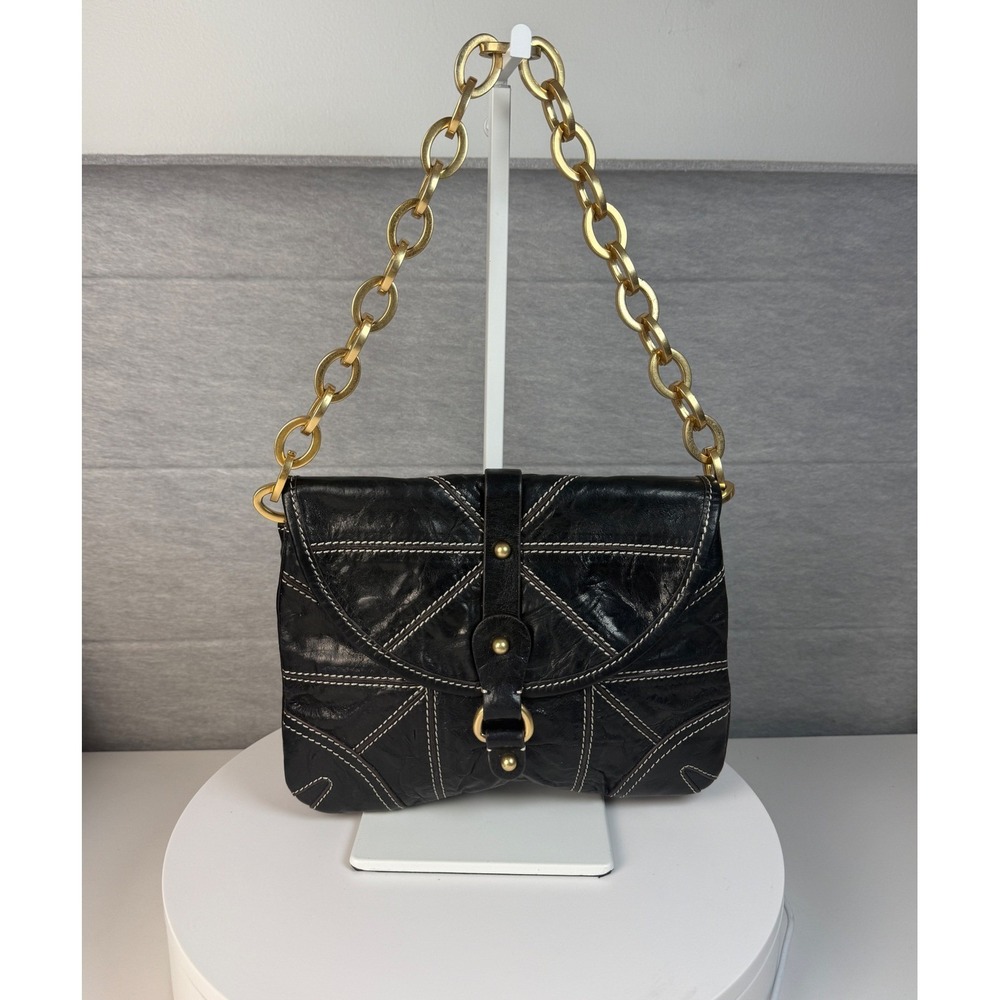 Tracy Reese‎ Black Leather Gold Chain Shoulder Bag Y2K - Picture 3 of 14